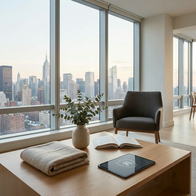 Современный интерьер квартиры с видом на город — страхование имущества